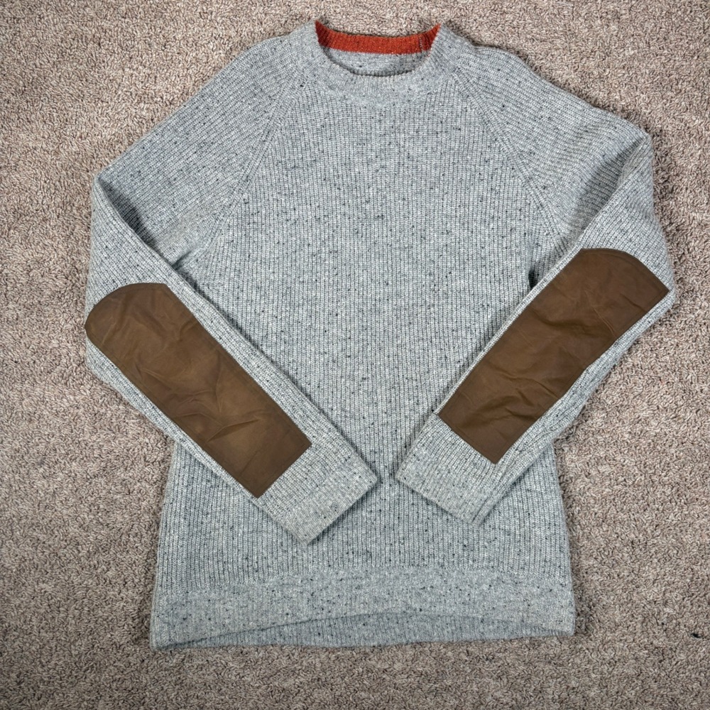 Flint and Tinder Mens Large Grey Speckled Lambswool Elbow Patch Sweater Donegal